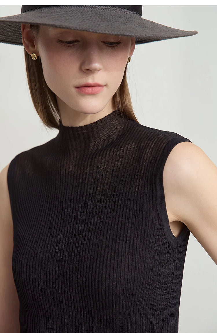 Women Top Minimalist Summer New Solid Color Mock Neck Sleeveless Slim Elastic Double Curved Yarn Knitted Camisole 12542249