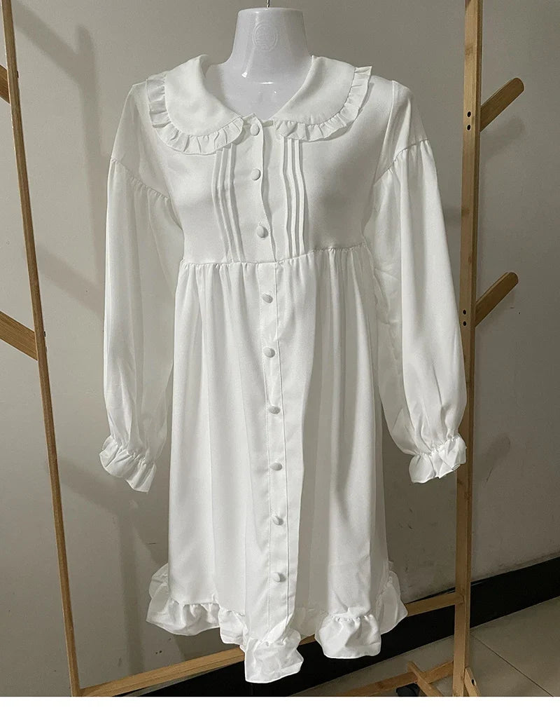 Japanese Sweet Girl Lolita Dress White 2021 Summer Kawaii Peter Pan Collar Cute Ruffle Puff Sleeve Drees Elegant Lady Dresses