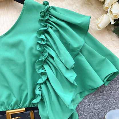 American Chic Blouse for Women Flounced Edge Skew Collar Bare Midriff Belt Skinny Shirts Summer Casual Female Tops Dropshipping