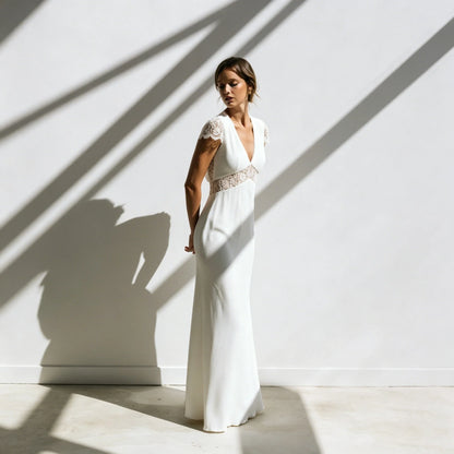 Simple Mermaid Bridal Gown Deep V Floral Lace Cap Sleeve Sheer Waist Cutout Back Buttons Soft Chiffon Custom Beach Wedding Dress