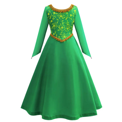 Fiona Dress Halloween Shrek Cosplay Fantasy Dress Up Green Princess Costume Children Elegant Gown Kids Long Sleeve Print Frocks