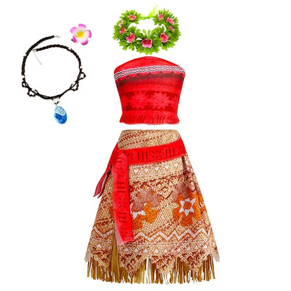 Disney Moana Dress for Kids Girls Princess Vaiana Cosplay Carnival Children Birthday Party Headwear Necklace Pet Pig Chicken Set