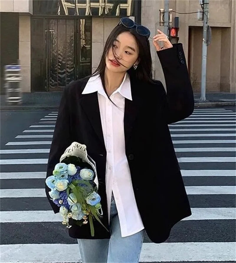 2025 Back Slit Design Blazer Coats Women Casual Fashion Loose Korean Jackets Streetwear Chic Long Sleeve All Match New Suit Tops