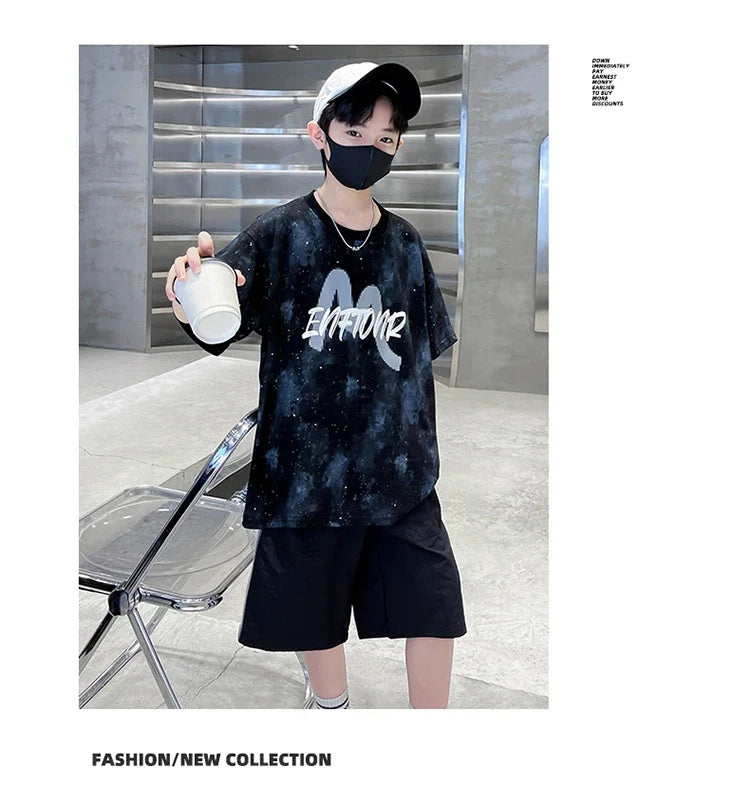 New Casual Boys Cotton Top summer Bottoms Clothes Set for Teenager Child Fashion Outfit Kids T-shirt Shorts Two Pieces Clothing