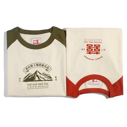 2024 Summer New Stitching Raglan Sleeve Man Retro Tshirt Women Casual Chinese Printing T-shirts Student Green Red Tee