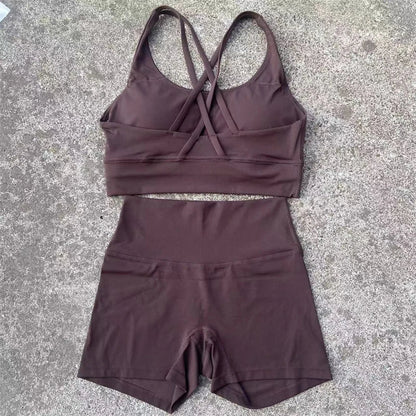 Yoga Shorts Set Gym Sports Set Women Workout Clothes 2 Piece Fitness Suit Cross Straps Bra High Waist Shorts Running Tracksuit