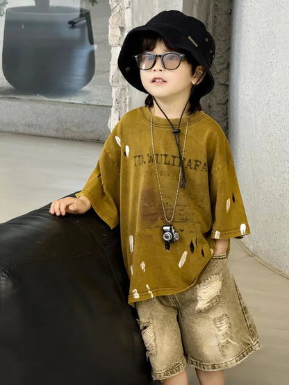 2026 Summer New Boys' Distressed Tie Dye Short Sleeved T-Shirt Junior Sizes Stylish Trendy Kids' Apparel