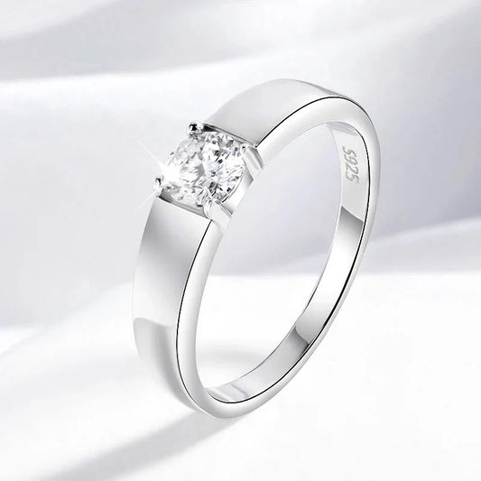 D Color 0.5CT 1CT Moissanite Ring for Men 925 Sterling Silver Simulation Diamond Wedding Band Classic Round Cut with