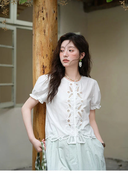 100%Cotton Hollow Embroidery Round Neck Shirt for Women 2025 Summer Puff Sleeve Casual Top Women's Clothing MXE39X1938