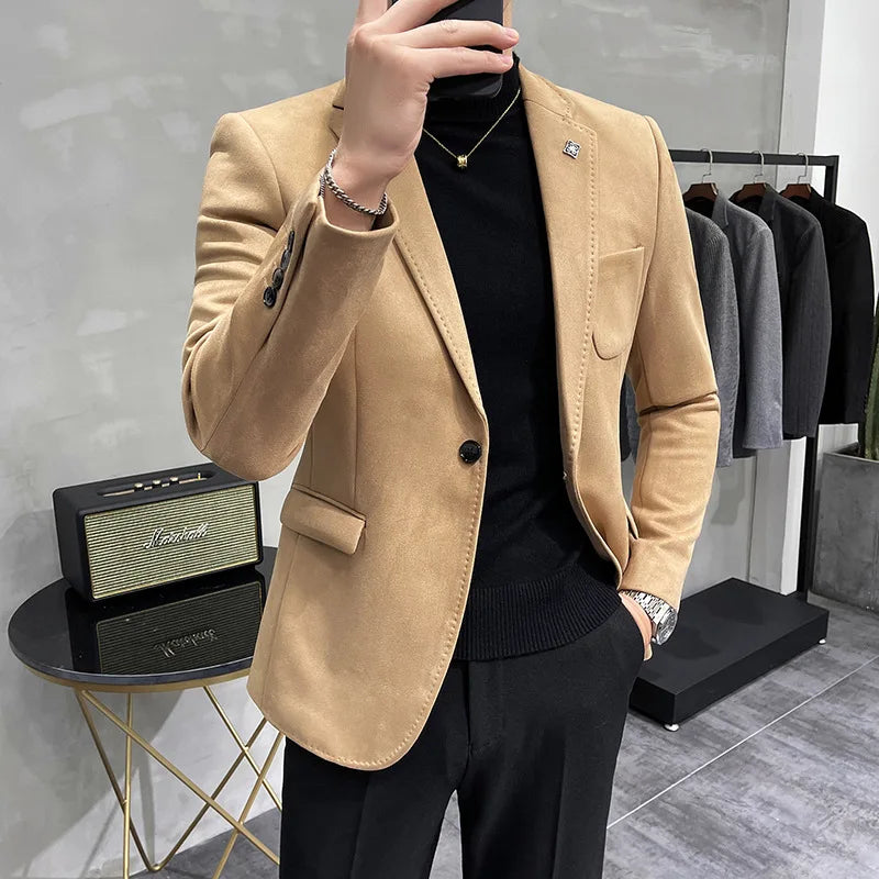 Men's Deerskin Fleece Suit Jacket 2025 Spring New High Quality Single Button Slim Fit Business Casual Suit Coat  Men Clothing