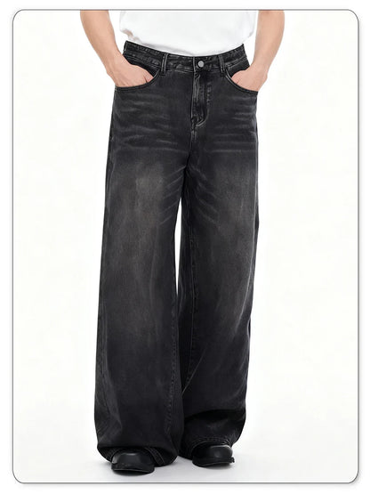 Four Season Men's Jeans Korean Version Student Casual Pant American Retro Gray Black Loose Wide Leg Jean Baggy Men's Denim Pants