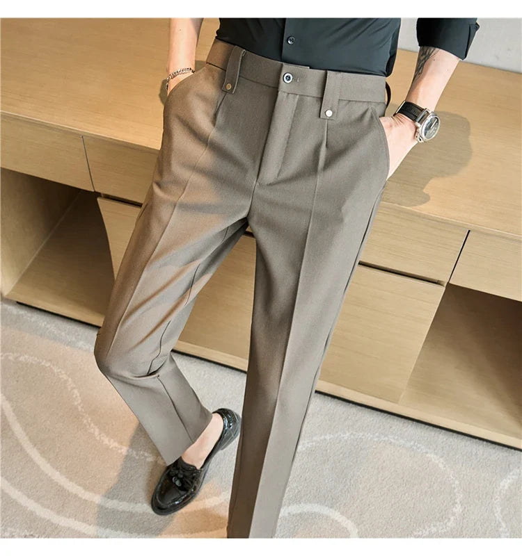 Mens Suit Pants 2026 Spring New British Style Elastic Waist Solid Casual Formal Dress Pants Slim Fit Trousers for Men Clothing