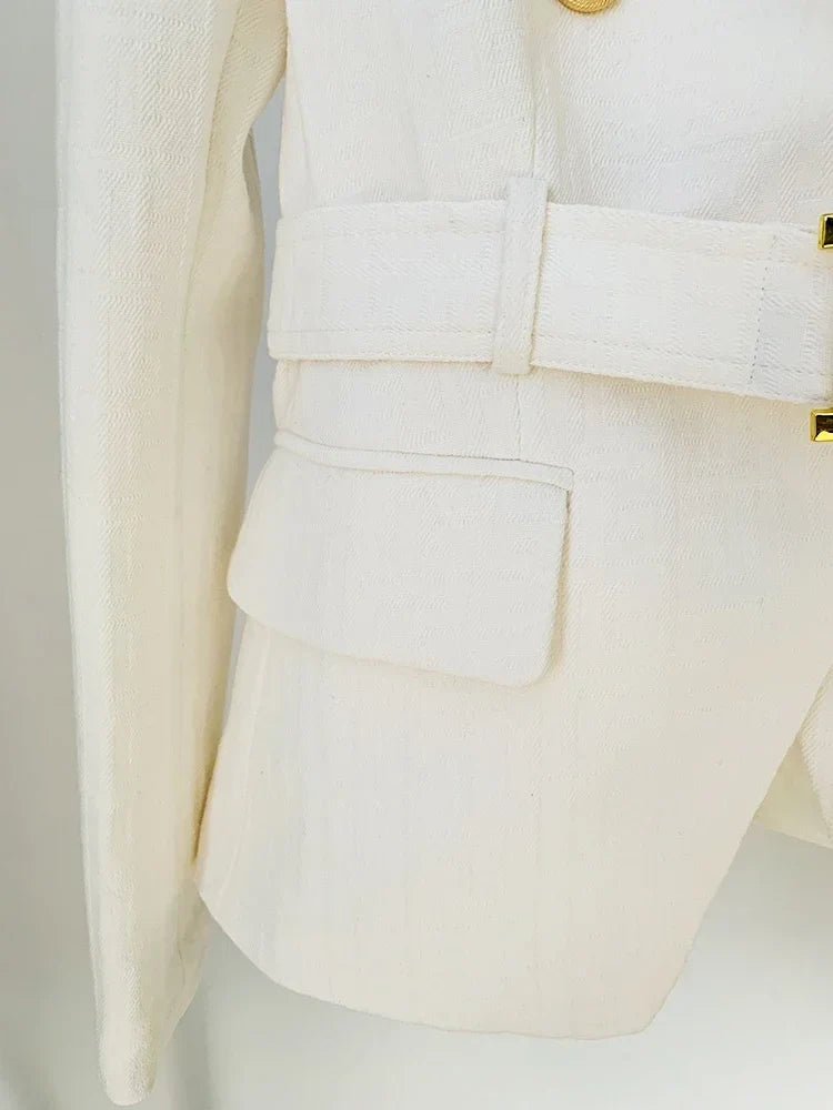 HIGH STREET Newest 2026 Designer Jacket Women's Double Breasted Lion Buttons Monogram Jacquard Belted Blazer