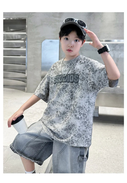 Baby Child Summer Cotton Suit With Shorts for Boy Leopard Print T-shirt + Denim Shorts Top and Bottom Clothes Set For Kids 2-14Y