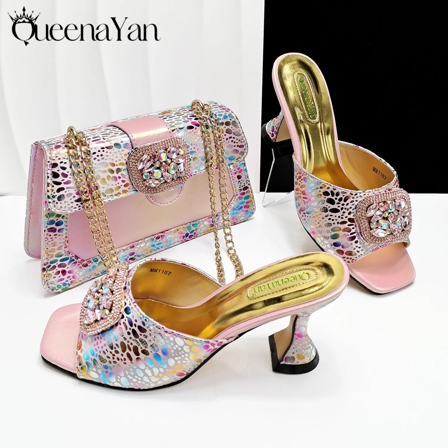 Italian Fashion Design Shoes and Bags Matching Set 2025 Peep Toe High Heels Blue Color Rhinestones Women Shoes for Party