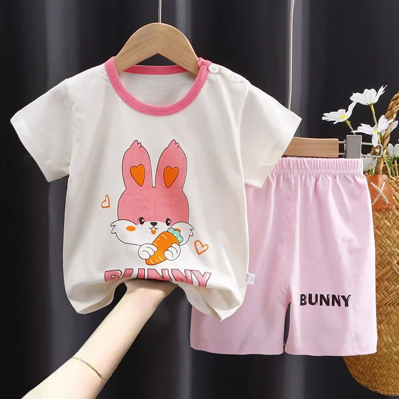 Cotton Short Sleeve T-shirts and Shorts 2PCS Breathable Outfit For Girls New Boys Summer Clothing Set Full Bear Print