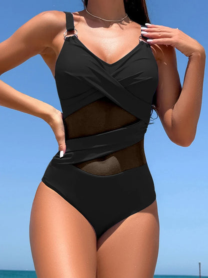Plain Mesh Ruched Swimsuit 2026 Women One Piece Solid Swimwear Female Bathers Bathing Swimming Swim Bodysuit Summer Beachwear