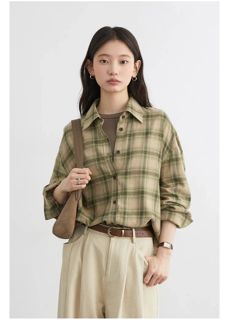 Women Shirts Loose Casual New Sanding Plaid Shirt Long Sleeve Medium Long Length Blouses Female Tops Spring Autumn 2025