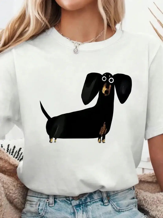 Cute Black Sausage Dog Funny Printed Women's T-shirt Short Sleeve Crew Neck Top for Summer Women's Harajuku Casual Clothing