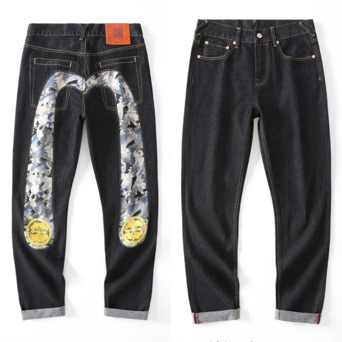 Japanese Handmade Embroidered Jeans Men's Pure Cotton Straight Tube Hip-Hop Popular Slim Red Ears Show Thin Trousers Devil Big M