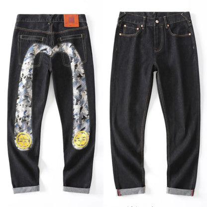Japanese Handmade Embroidered Jeans Men's Pure Cotton Straight Tube Hip-Hop Popular Slim Red Ears Show Thin Trousers Devil Big M