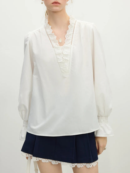 Office Lady French Lace V-neck Shirt for Women 2025 New Loose Flared Sleeve Top Casual Loose Women Tops 25FS11264