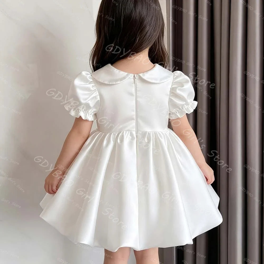 Baby Girls Princess Dress Peter Pan Neck Short Sleeves Flower Girl Dress for Wedding Toddlers Bubble Hem Mini Party Gown Custom