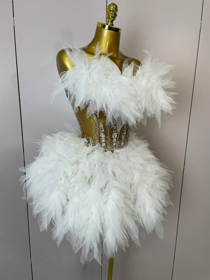 2025Women Sexy Backless Strap Mesh Fluffy Skirt 2 Pieces Diamond Sequins Stage Performance Costume Birthday Party Shooting Dress