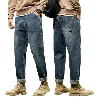 Men's Spring 2026 Loose Harem Pants Denim Retro Solid Comfortable Harajuku Straight Jeans Simple Fashion Versatile Cargo Trouser