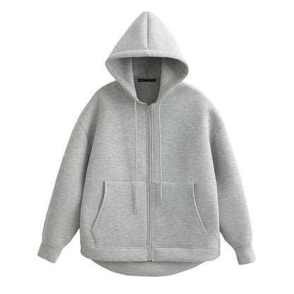 2026 Casual Women's Soild Zipper Hoodie Long Sleeve Big Pocket Zipper Jacket With Hood Female Loose Outerwear Coat Tops