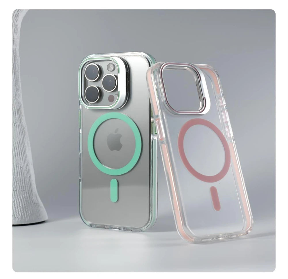 Luxury Lens Holder Shockproof Magnetic Case For iPhone 16 15 14 Plus 13 12 17 Pro Max 17Air 16e Magsafe Fashion Clear Cover