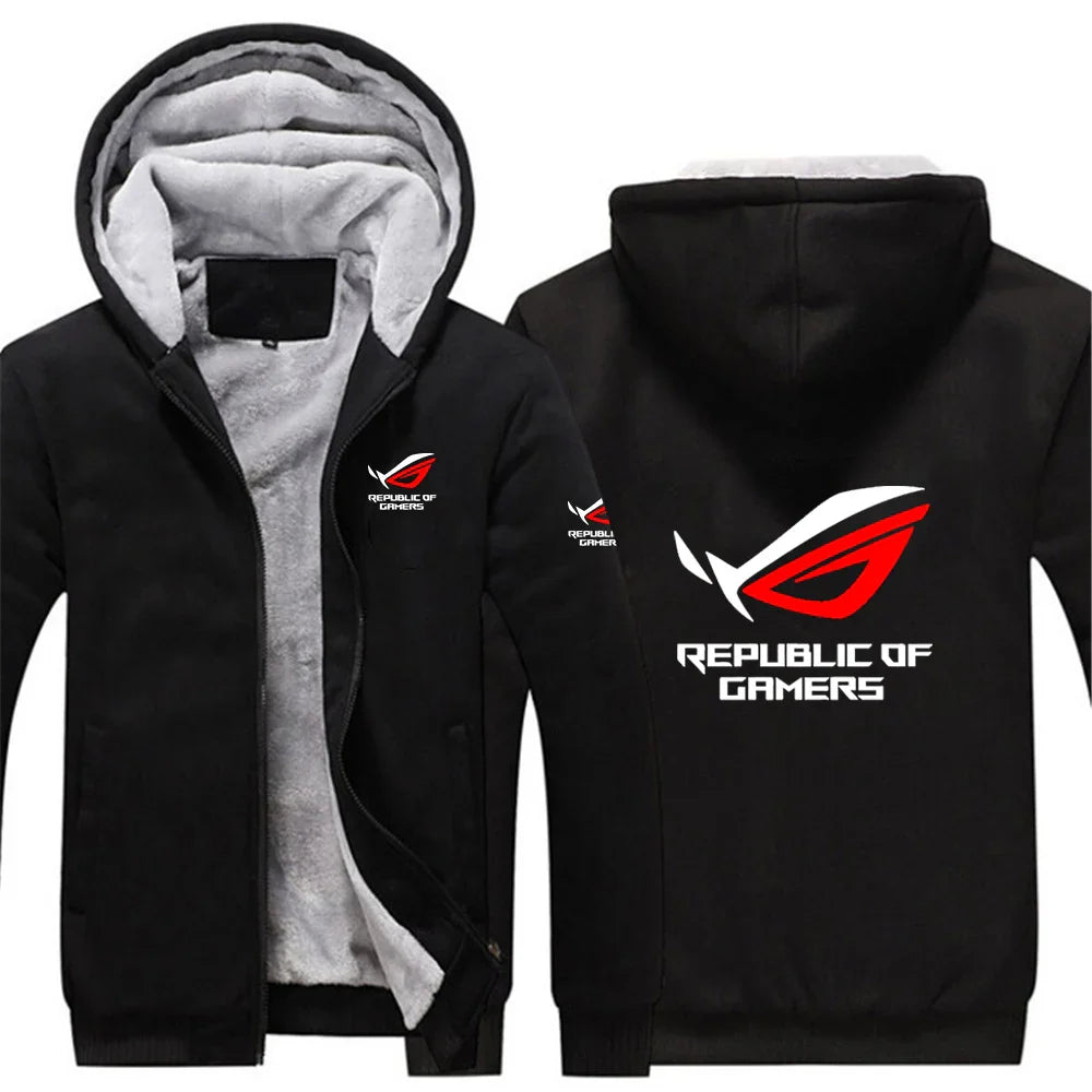 2025 Autumn Winter Cardigan Long Sleeve Thickened Hoodies Men's ROG Republic Of Gamers Print Cold-Proof High Street Hooded Coats