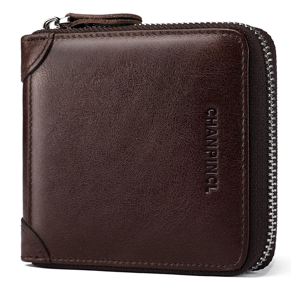 Men's Genuine Cowhide Leather Short Zipper Wallet – RFID Blocking & Gift Box
