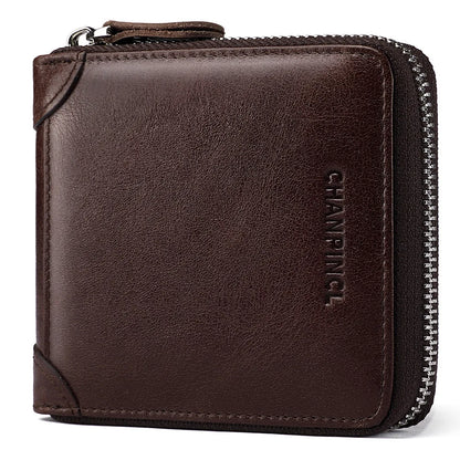 Men's Genuine Cowhide Leather Short Zipper Wallet – RFID Blocking & Gift Box