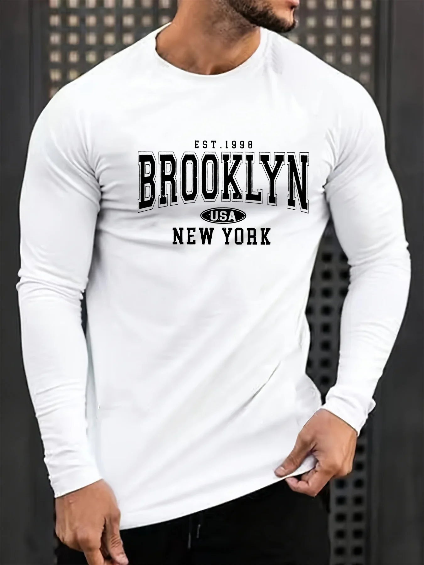 Men's 100% pure cotton loose and comfortable casual sports Brooklyn letter printed round neck long sleeved T-shirt top