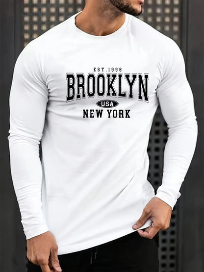 Men's 100% pure cotton loose and comfortable casual sports Brooklyn letter printed round neck long sleeved T-shirt top