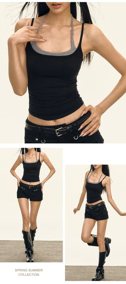 Summer Fashion Women's Splicing Halter Top Sexy Bandage Sleeveless Tank Tops Girls Knitted Camisoles Ropa De Mujer