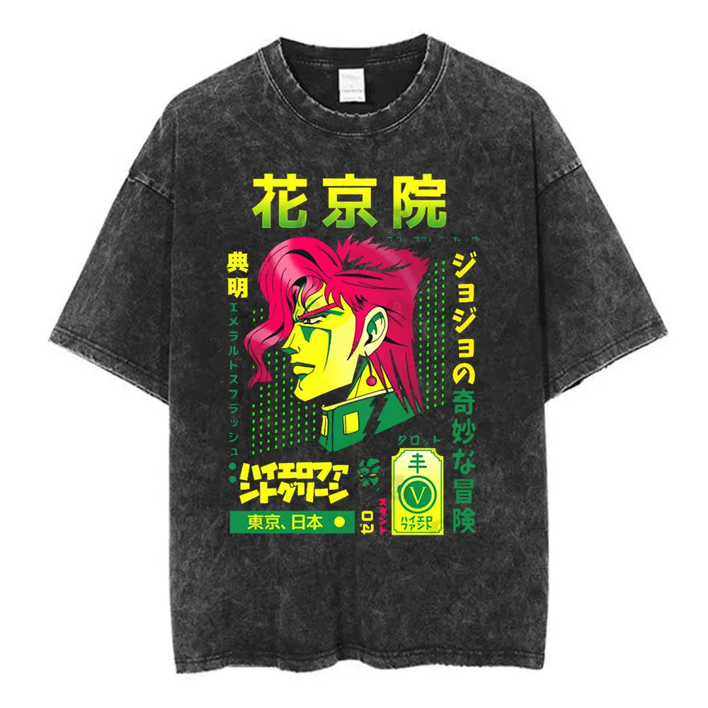 Anime Jojo Bizarre Adventure Washed T-shirt STEEL BALL RUN Diego Brando Manga T-shirts Men Women Cotton Casual Oversized T shirt