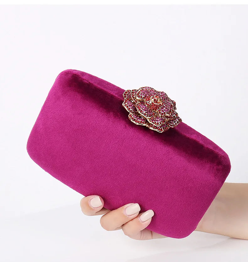 Diamonds Flower Velvet Evening Bag Women New Elegant Chain Banquet Dress Clutch Bag Ladies Wedding Dinner Party Box Small Purses