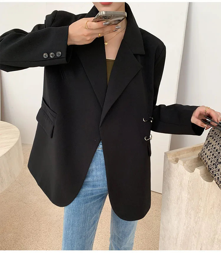 Women Black Oversize Casual Jacket New Lapel Long Sleeve Loose Blazer Fashion Pin Office Ladies Suits Coat Spring Autumn 2023