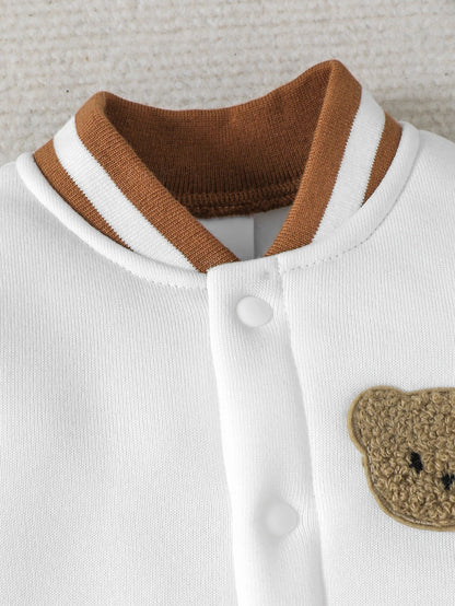 Baby boy bear pattern knitted fleece long sleeved jumpsuit, suitable for autumn and winter seasons