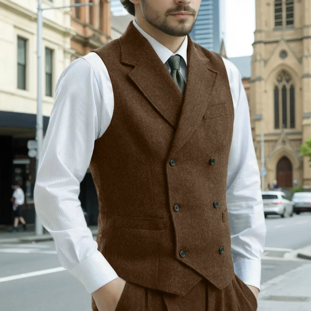 Men Vest Army Green Herringbone Double Button With Lapel Waistcoat For Wedding Business Office Work Daily Casual Men Suit Vest