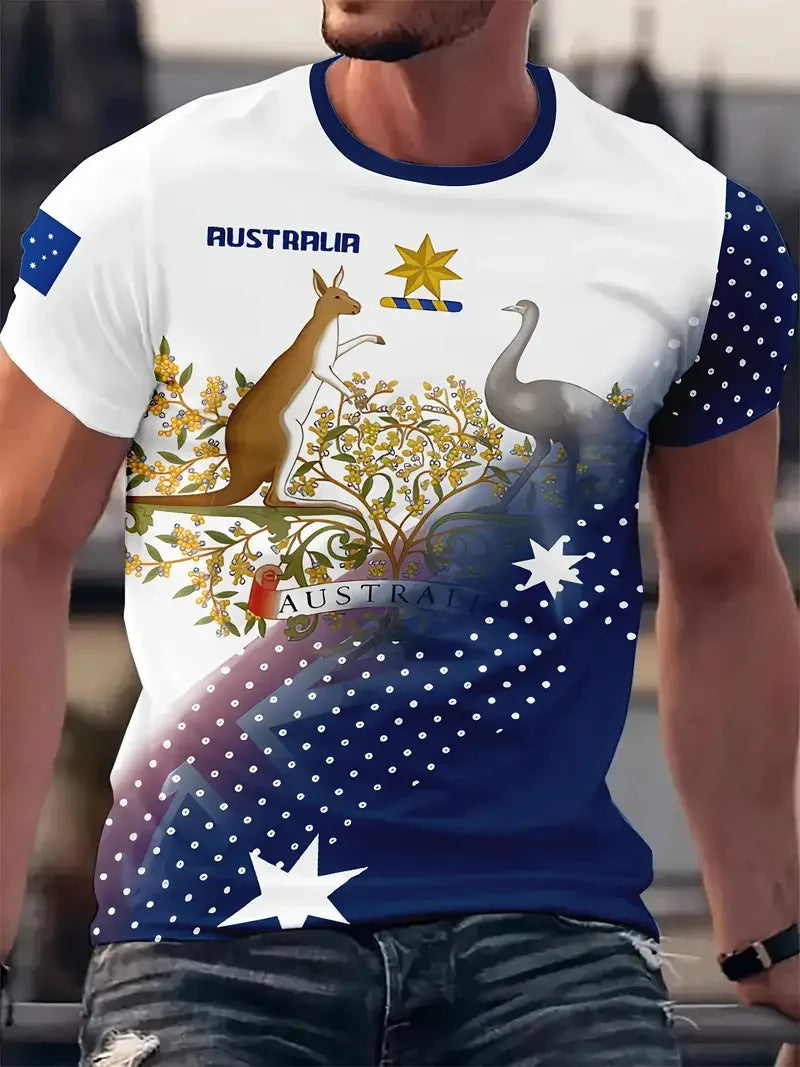 Men's Australia Flag Graphic T-Shirt New In Happy Australia Day Digital Print Tshirts Casual Short Sleeve Crew Neck Tee Shirts