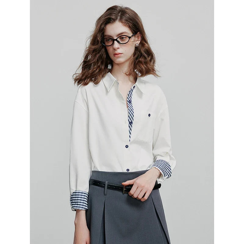 Women Striped shirt, spring 2025 new cavalry diagonal collar spliced pure cotton shirt