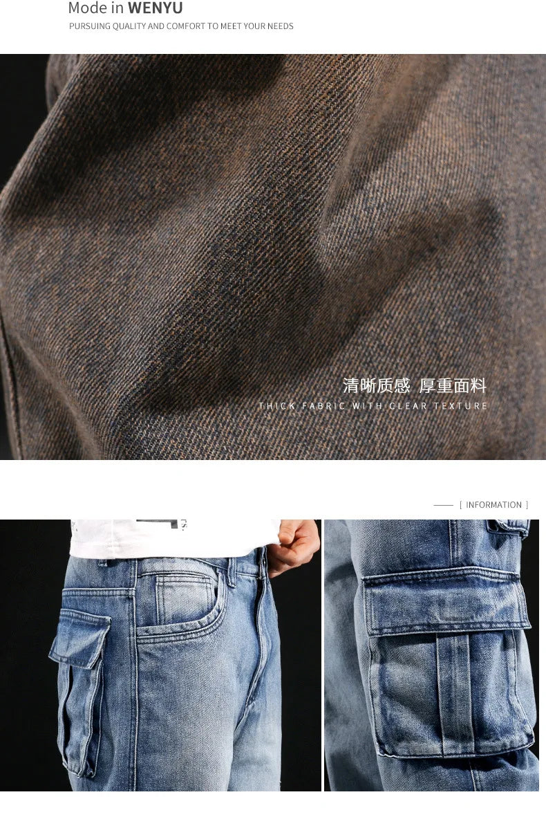 New Men's Fashion Multiple Pockets Loose Jeans Casual Denim Straight Pants Male Hip Hop Wide Leg Cargo Trousers Streetwear