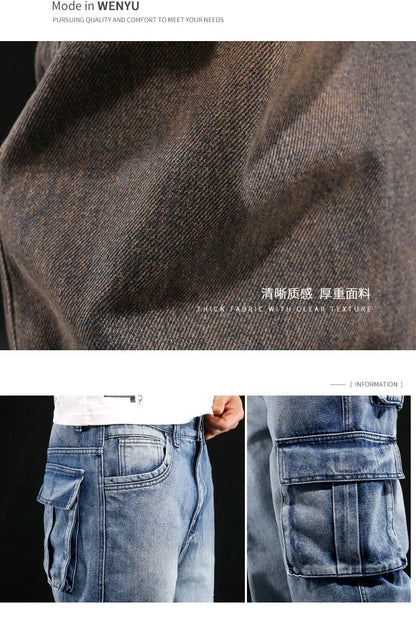 New Men's Fashion Multiple Pockets Loose Jeans Casual Denim Straight Pants Male Hip Hop Wide Leg Cargo Trousers Streetwear
