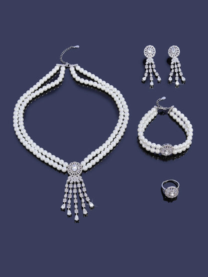 Trendy Pearl Tassel Necklace 4PCS Jewelry Set For Women Wedding Party Full Zircon Dubai Bridal Jewelry Set Gift