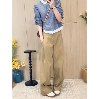 Khaki Casual Pants Women plus Size 200 Pou Loose Straight Leg High Waist Slimming Wide Leg Pants Commute Sle Korean Version