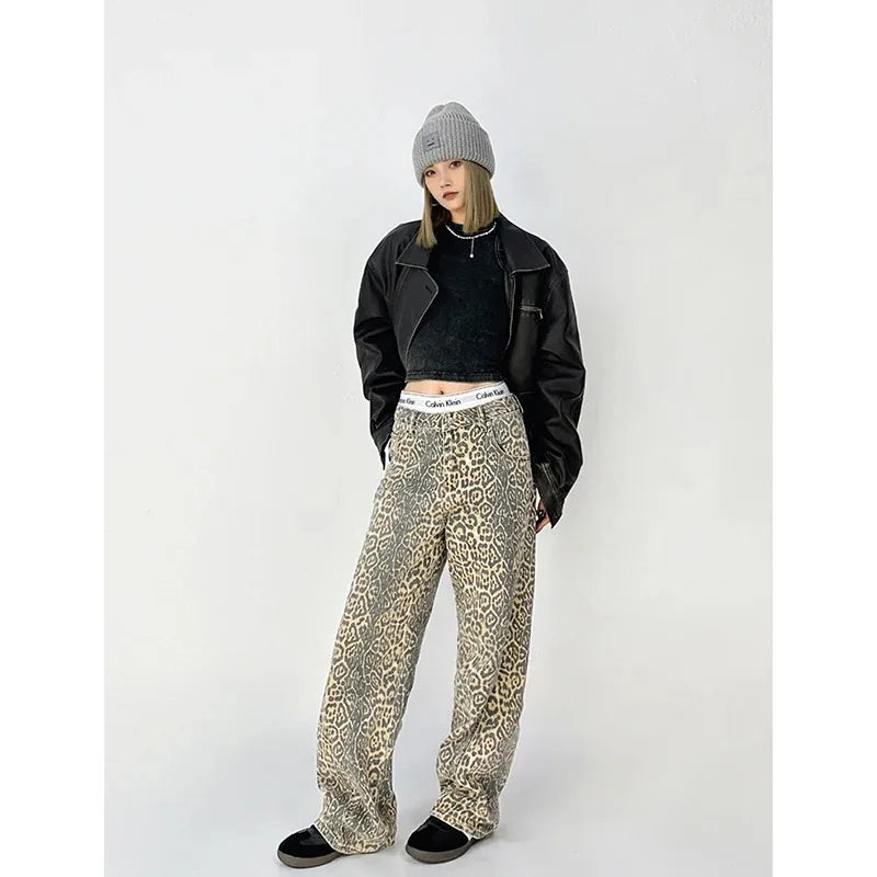 Vintage Leopard Print Jeans Women Spring Oversize Casual Hip Pop Wide Leg Trouser Trend High Waist Panther Denim Pants Ladies