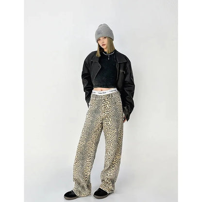 Vintage Leopard Print Jeans Women Spring Oversize Casual Hip Pop Wide Leg Trouser Trend High Waist Panther Denim Pants Ladies